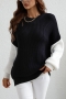winter new 5 colors contrast color stitching lantern-sleeve loose knitted stretch stylish casual sweater_Black