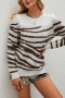 winter new 4 colors stripe knitted stretch long sleeve crew neck buttons loose stylish casual sweater(only sweater)_Black_White