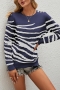 winter new 4 colors stripe knitted stretch long sleeve crew neck buttons loose stylish casual sweater(only sweater)_Black_White_Dark Blue