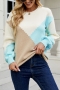 winter new 2 colors gemetric contrast color knitted stretch long sleeve crew neck loose stylish casual sweater_Dark Blue_Khaki 