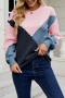 winter new 2 colors gemetric contrast color knitted stretch long sleeve crew neck loose stylish casual sweater_Dark Blue