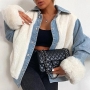 winter new 4 colors denim & plush patchwork inelastic long sleeve turndown collar single breasted stylish casual thicken warm jacket(only jacket)_Black_White