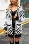 winter new 4 colors geometric pattern knitted stretch pockets stylish casual cardigan sweater_Black
