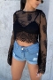 spring & summer new 2 colors lace stretch long sleeve crew neck hollow button stylish sexy crop top(without underwear)_Black