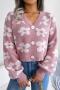 autumn new stylish 3 colors flower knitted loose slight stretch single breasted casual sweater_Sky Blue_Pink