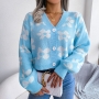 autumn new stylish 3 colors flower knitted loose slight stretch single breasted casual sweater_Sky Blue