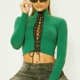 autumn new 2 colors stretch long sleeve high neck crossed sling lace up stylish simple crop top_Black_Green