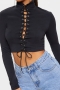 autumn new 2 colors stretch long sleeve high neck crossed sling lace up stylish simple crop top_Black