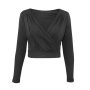 autumn new 3 colors solid color micro-elastic long sleeve v-neck shirring stylish simple crop top(only top)_Black