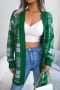 autumn new stylish 3 colors plaid printing knitted slight stretch belt casual cardigan sweater_Black_Khaki _Green