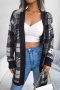 autumn new stylish 3 colors plaid printing knitted slight stretch belt casual cardigan sweater_Black