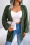 autumn new stylish 3-colors simple solid color knitted slight stretch pocket lantern sleeve casual cardigan sweater_Dark Green