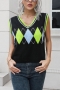 autumn new stylish slight stretch loose knitted diamond v-neck all-match casual sweaters vest_Light Green