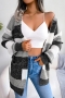 winter new 3 colors stripe contrast color knitted slight stretch pockets stylish all-match cardigan sweater_Black