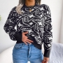 winter new 3 colors geometric pattern knitted slight stretch stylish casual sweater_Black