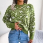 winter new 3 colors geometric pattern knitted slight stretch stylish casual sweater_Black_Blue_Green