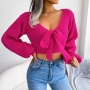 autumn & winter new 4 colors slight stretch v-neck lantern-sleeve bowknot stylish crop sweater_White_Sky Blue_Magenta