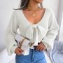 autumn & winter new 4 colors slight stretch v-neck lantern-sleeve bowknot stylish crop sweater_White