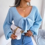 autumn & winter new 4 colors slight stretch v-neck lantern-sleeve bowknot stylish crop sweater_White_Sky Blue