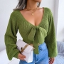 autumn & winter new 4 colors slight stretch v-neck lantern-sleeve bowknot stylish crop sweater_White_Sky Blue_Magenta_Green