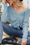 autumn & winter new 4 colors stretch knitted drawstring v-neck stylish sweater_Light Green_Blue