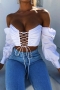 early autumn new two colors non-stretch tube design hollow lace-up backless sexy all-match crop top_White
