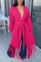 winter new plus size 5 colors slight stretch long-sleeve tassel stylish all-match long knitted cardigan sweater with belt_Black_White_Rose Red_Magenta
