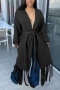 winter new plus size 5 colors slight stretch long-sleeve tassel stylish all-match long knitted cardigan sweater with belt_Black