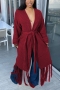 winter new plus size 5 colors slight stretch long-sleeve tassel stylish all-match long knitted cardigan sweater with belt_Black_White_Rose Red