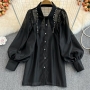spring new 4 colors inelastic single-breasted rhinestone lantern long sleeves stylish top_Black