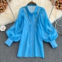spring new 4 colors inelastic single-breasted rhinestone lantern long sleeves stylish top_Black_White_Blue