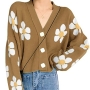 autumn & winter new 4 colors floral knitted slight stretch v-neck long-sleeve single-breasted stylish all-match sweater(only long sleeve sweater)_Rose Red_Blue_Brown