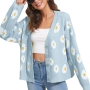 autumn & winter new two colors floral knitted slight v-neck single-breasted stylish all-match sweater_Sky Blue