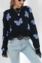 autumn new stylish 3-colors knitted butterfly jacquard slight stretch hole loose exquisite sweater_Black