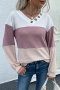 early autumn new 3 colors knitted contrast color patchwork inelastic long sleeve v-neck single breasted stylish casual sweater_Black_Pink