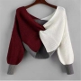 autumn new stylish 7 colors contrast color slight stretch backless knitted kinked exquisite sweater_White_Rose Red