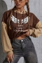xs-l autumn new contrast color wing & letter fixed printing slight stretch hooded drawstring design stylish sexy crop sweatshirt_Black_Brown