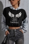 xs-l autumn new contrast color wing & letter fixed printing slight stretch hooded drawstring design stylish sexy crop sweatshirt_Black