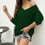 autumn new stylish 5-colors solid color heart-shaped hollow slight stretch knitted all-match sweater_White_Dark Green