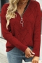 autumn new stylish 4 colors simple solid color zip-up lace patchwork diamond knitted sweater_Red
