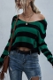 autumn new knitted stripe slight stretch long sleeve holes stylish sexy crop sweater_Blue_Green