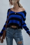 autumn new knitted stripe slight stretch long sleeve holes stylish sexy crop sweater_Blue