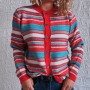 autumn & winter new 4 colors stripe knitted slight stretch single-breasted stylish all-match sweater_Red