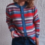 autumn & winter new 4 colors stripe knitted slight stretch single-breasted stylish all-match sweater_Red_Blue