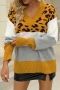 autumn new stylish 4 colors leopard print contrast color loose slight stretch knitted casual sweater_Red_Magenta_Yellow