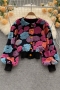 autumn new stylish flower decor crew neck long sleeve button slight stretch high quality casual outerwear_Red_Magenta