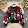 autumn new stylish flower decor crew neck long sleeve button slight stretch high quality casual outerwear_Red