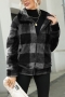 winter new 3 colors plaid printing teddy fleece slight stretch zip-up pockets stylish warm all-match jacket_Gray_Dark Gray