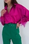 autumn new stylish three colors solid color feather decor lapel button inelastic casual top_Blue_Magenta