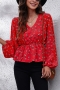 autumn new two colors floral printing non-stretch v-neck lantern-sleeve stylish casual chiffon top_White_Red
